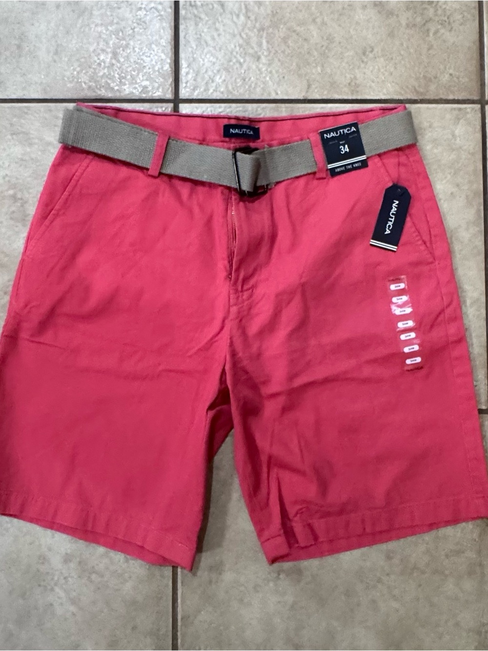 Nautica Coral Red Men’s Casual Shorts with Beige Web Belt